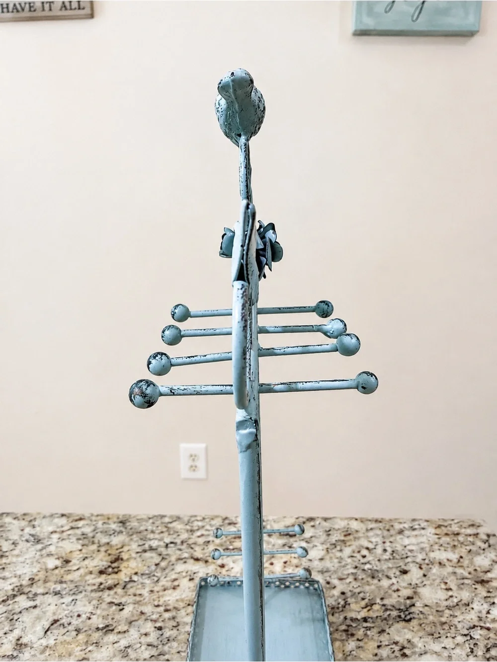 Jewelry Organizer Stand Distressed Blue Metal Necklace Holder Earring Display